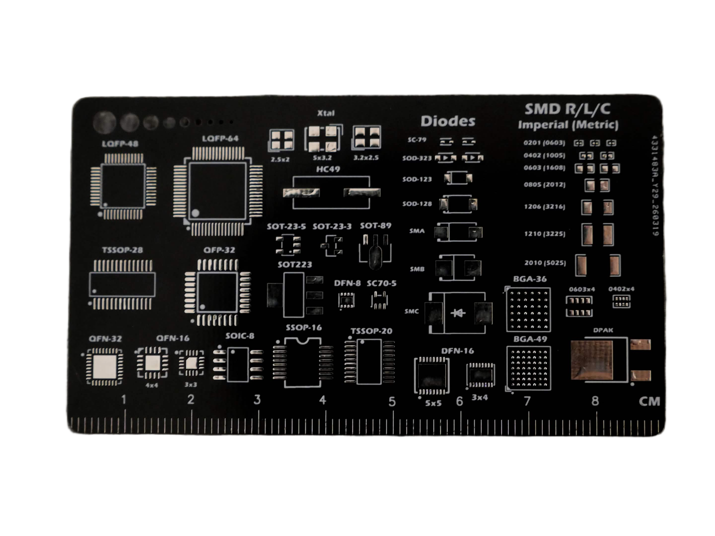 Back side of the PCB ruler business card with footprint references